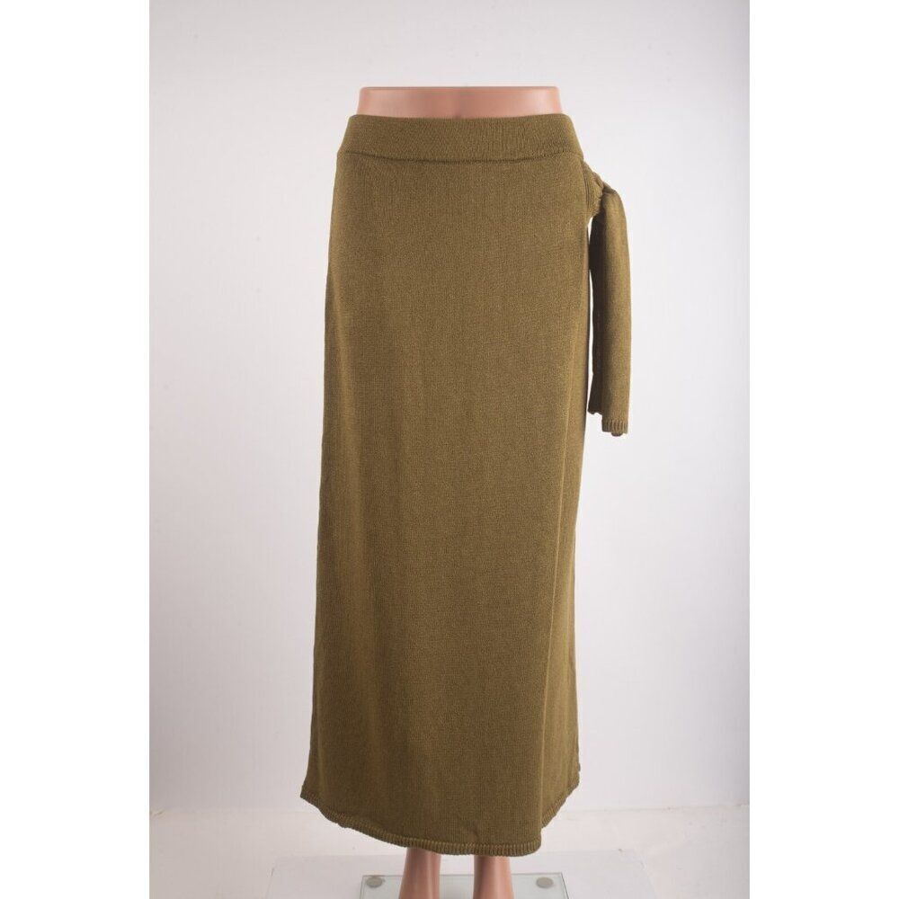 Massimo Dutti Womans Wrap Skirt Midi S Olive Green Knit Knot Sash 5231/676 NWT